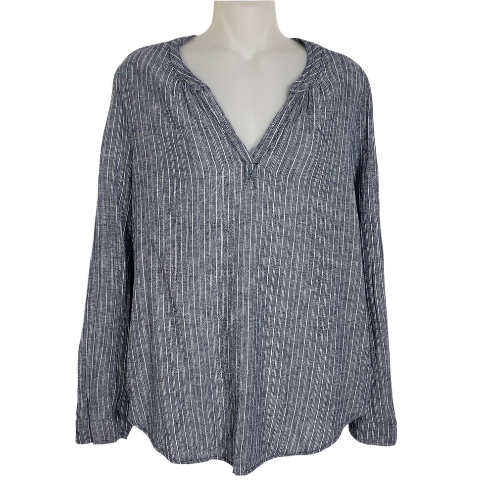 Beach Lunch Lounge Collection Womens Top Medium Blue White Striped Linen Blend